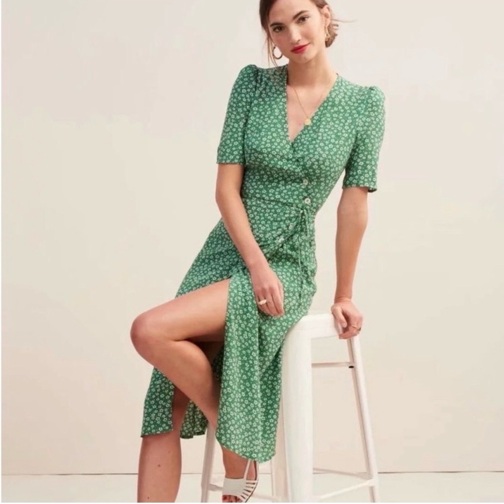 Rouje Gabin Green Floral Wrap Midi Dress EU 38 US 6
